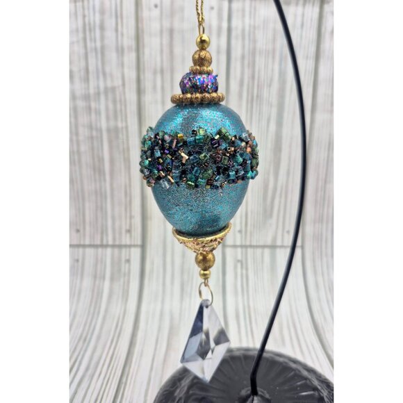 Peacock Teal Ice Blue Dangle Crustal Gold Tone & Iridescent Christmas Ornament - Picture 2 of 5